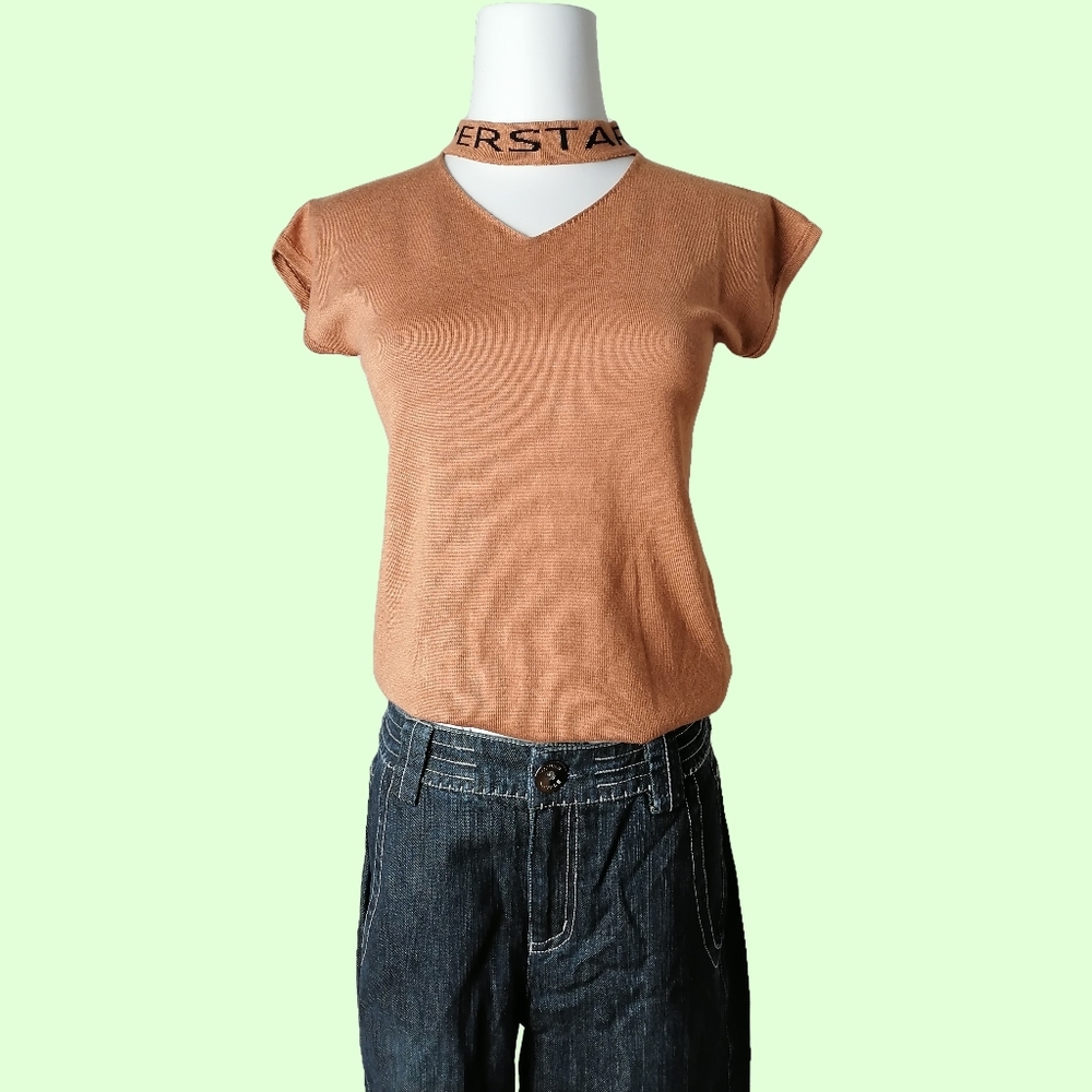 fits sz:M, brown cup sleeve knitted top by J/X